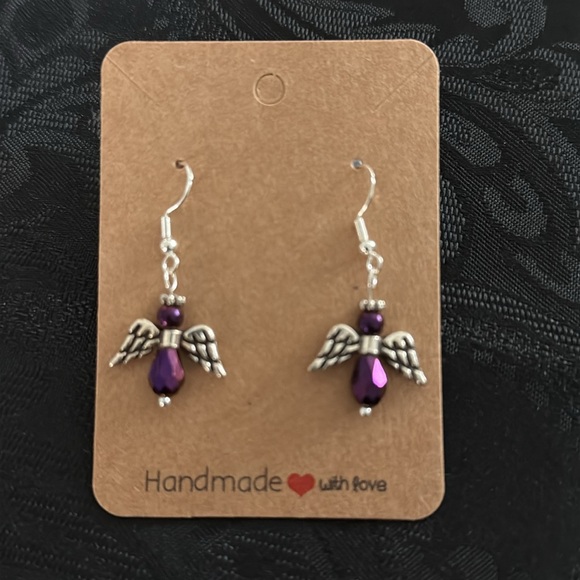 Hand Crafted Jewelry - Angel earrings - purple and silver tone - handmade